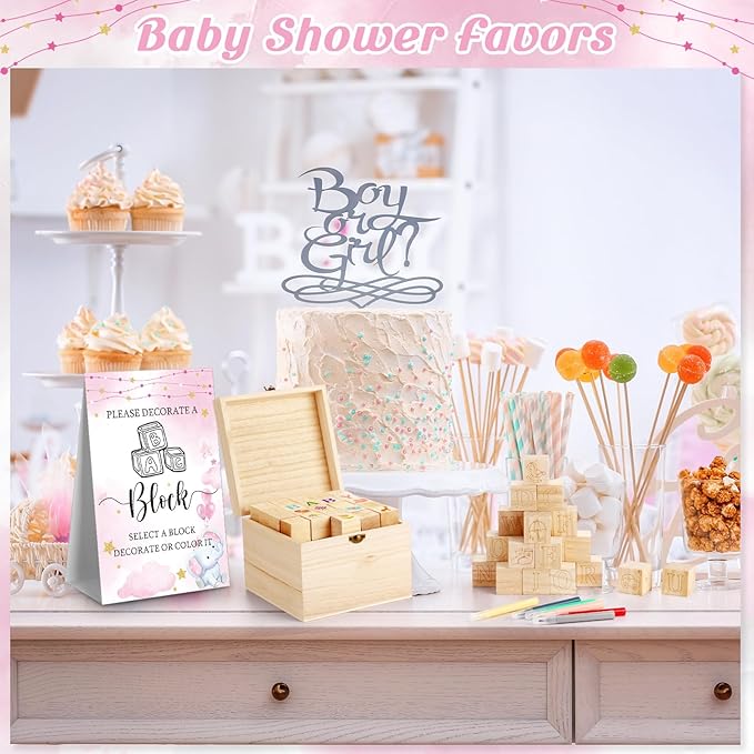 Marsui 136 Pcs Baby Shower Blocks to Decorate Game Kit Includes 98 Wooden Blocks, 36 Markers, 1 Game Sign, 1 Storage Box for Baby Shower Gender Reveal Activity Party Decorations(Pink Elephant)