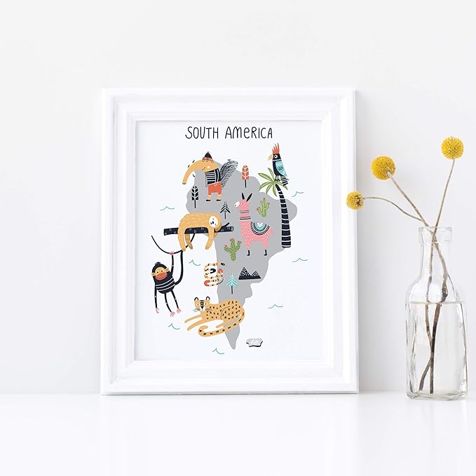 Ritzy Rose 5 Continents World Map Animal Zoo Prints for Kids Whimsical Wall Art - Five Children's Posters Baby's Nursery Child's Bedroom (Unframed) Decor Printed Boys Girls (World Map)
