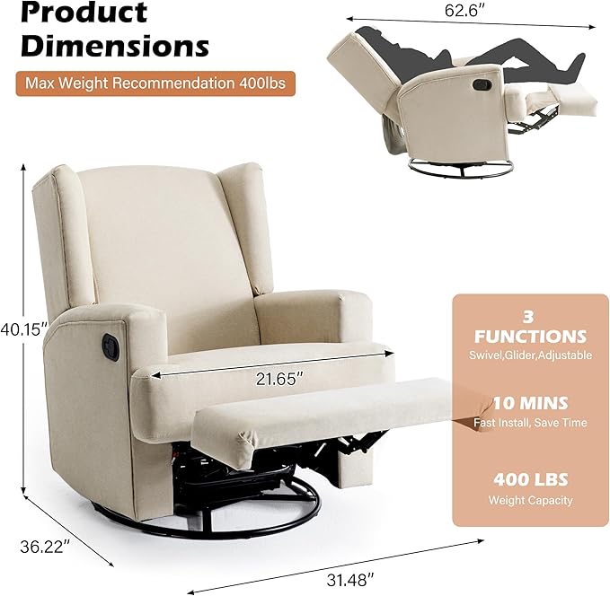 UIXE Swivel Glider Recliner Chair for Adults, Fabric High Back Accent Chair Nursery Rocker for Living Room, Upholstered Manual Reclining Sofa Seating with Deep Seat - Beach
