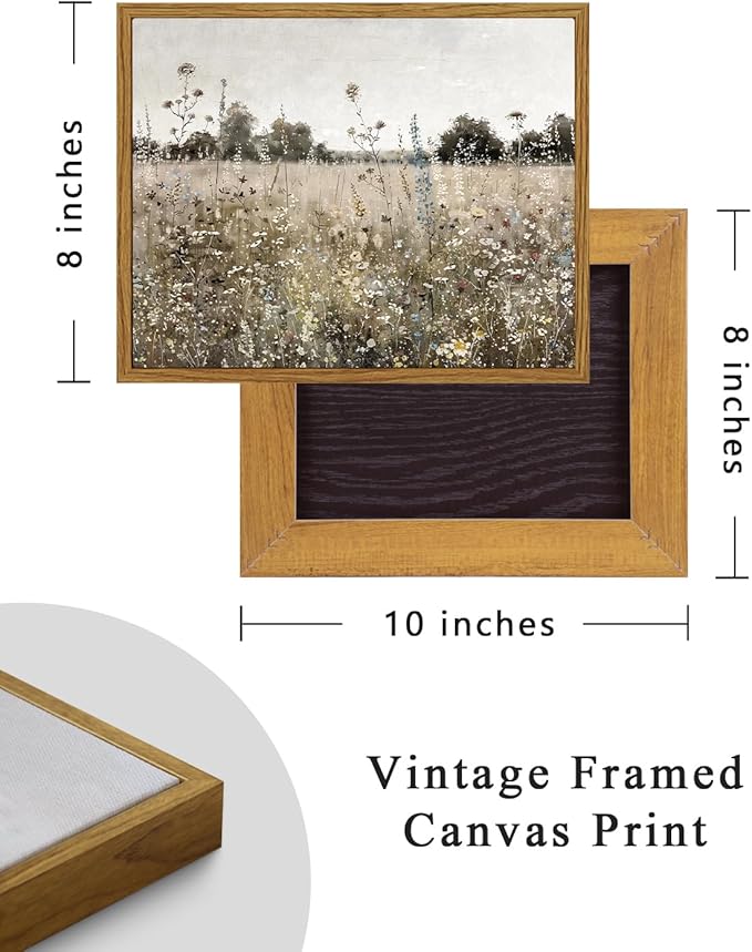 ARPEOTCY Vintage Framed Canvas Wall Art, 8x10inch, Classical Wildflowers Field Sky Farmhouse Pictures Wall Decor, Art Prints for Home Decor Aesthetic, Paintings for Living Room Office Decorations