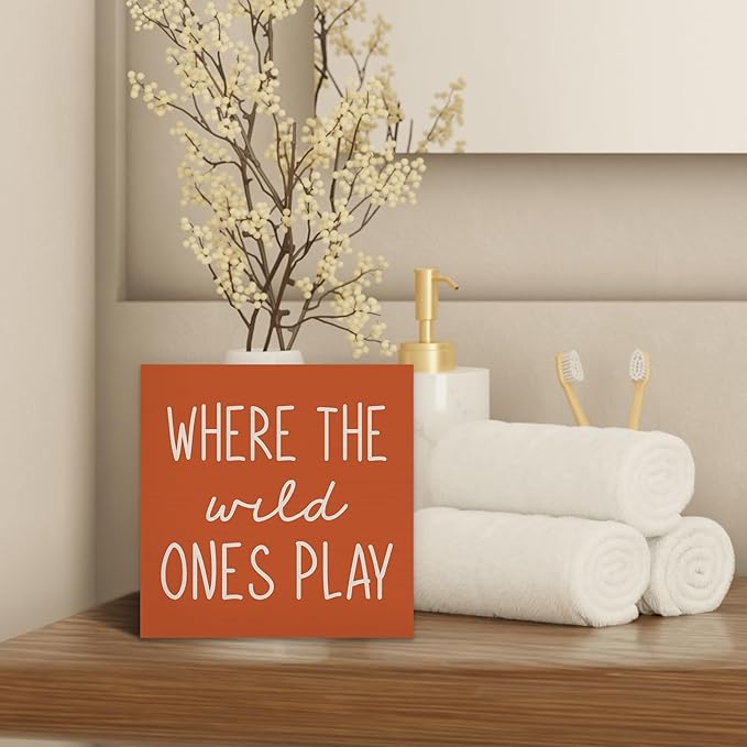 Where The Wild Ones Play Orange Wood Box Sign Desk Decor 5X5, Nursery Kids Room Wooden Block Sign Decorations for Playroom Toddler Boys Girls Room Wall Tabletop Shelf Decor