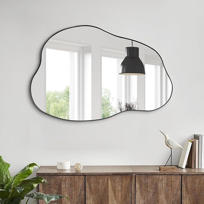 POZINO Asymmetrical Mirror, Black Irregular Mirrors, Cloud Shaped Mirrors, Unique Modern Frameless Mirror for Living Room Bathroom Bedroom Entryway Fireplace,30"x20.5"