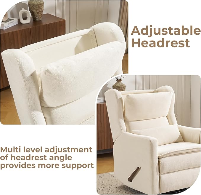 Swivel Rocker Recliner Chair with Adjustable Headrest,Rocking Recliner Chair for Nursery,Oversized Glider Rocking Chair with Double Cushion,Chenille,White