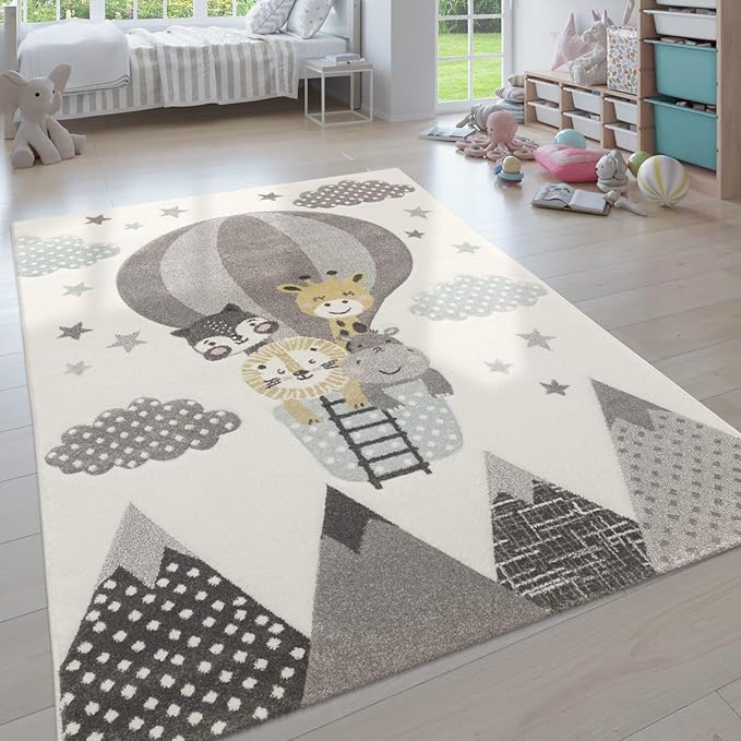 Paco Home Kids Rug Cute Animals on a Hot Air Balloon Ride in White Grey Blue, Size: 6'7" x 9'6"