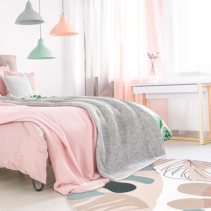 4' Machine Washable Round Area Rug, Non-Slip Abstract Boho Circle Floor Rugs for Kids, Low Pile Room Carpet for Living Room, Bedroom, Dining Room & Nursery(4' Pink)