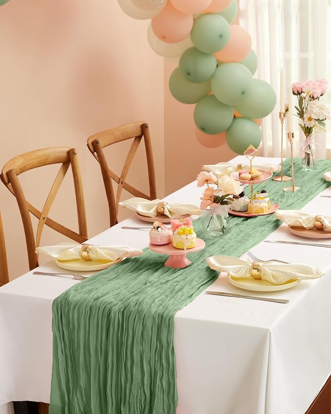Pureegg 3-Pack Cheese Cloths Table Runner, 120'' Boho Table Cloth Decorations for Party, Baby Shower, Wedding and Farmhouse, Fabric Room Decor, Sage Green