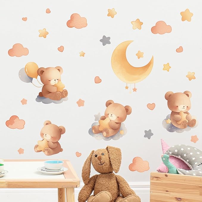 Cartoon Bear Moon Star Cloud Balloon Wall Decals Nursery Preschool Wall Stickers for Kid Baby Removable Peel and Stick DIY Wall Art Decor Decoration for Living Room Bedroom Playing Room