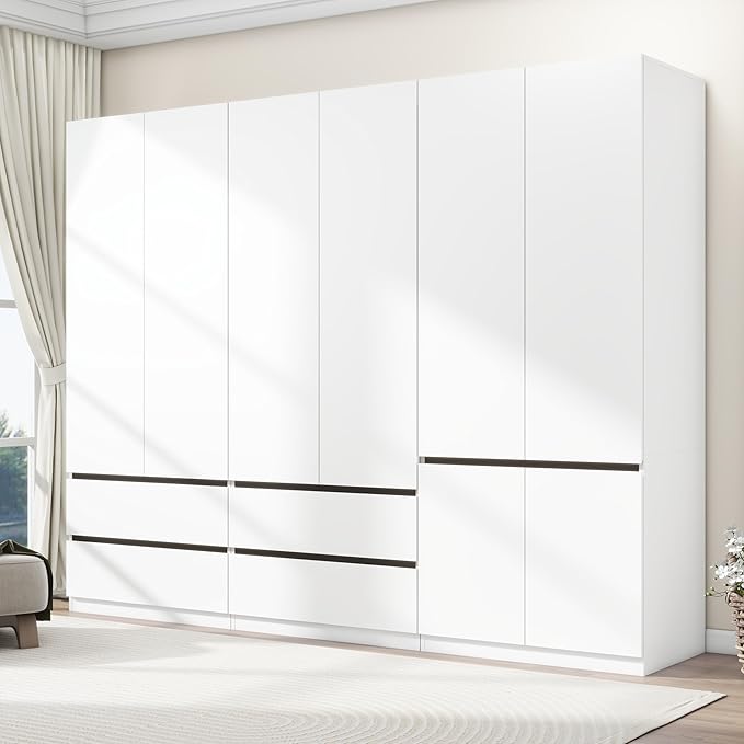 Armoire Wardrobe Closet with Drawers：75" Large White Wardrobe Closet Cabinet with 6 Doors for Hanging Clothes, Modern Wooden Bedroom Armoires with 4 Drawers and Storage (A+C+A, 94.5")