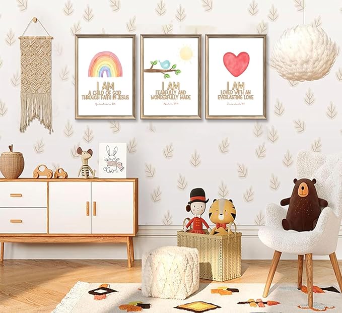 3Pcs Nursery Bible Verse Canvas Wall Art Colorful Rainbow Motivational Affirmation Wall Decor Pictures Christian Kids Scripture Introduction Posters Prints for Kids Room Nursery Home Decoration