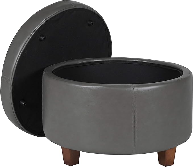 HomePop Round Leatherette Storage Ottoman with Lid, Charcoal Grey Large