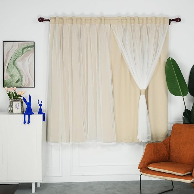 INLINAS Beige Blackout Curtains with Sheer Overlay - Back Tab and Rod Pocket Thermal and Noise Reduction Panels for Bedroom and Living Room Light Blocking and Energy Saving, 52 x 63 Inches, Set of 2