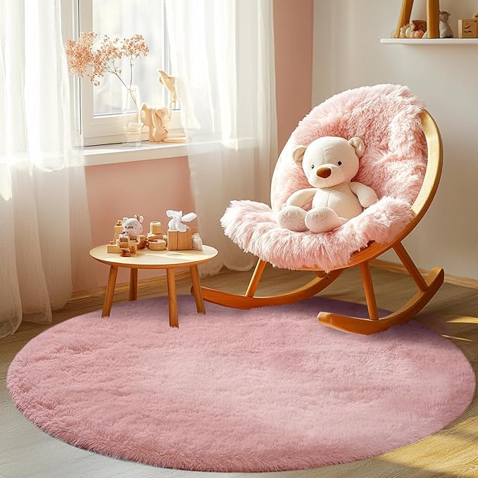Round 5x5ft Fluffy Blush Rug: Ultra Soft Furry Girls Bedroom Carpet- Circle Plush Shag Nursery Rug for Girls Room & Kids Room- Blush Plush Area Rugs for Bedroom, Living Room, Home Decor