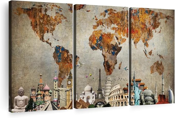ElephantStock Rusty World Map Multi Piece Canvas - 3 Piece Canvas World Map Wall Decor - Wall Decor, Ready-to-Hang Print Vintage Wall Art - 65" X 42"
