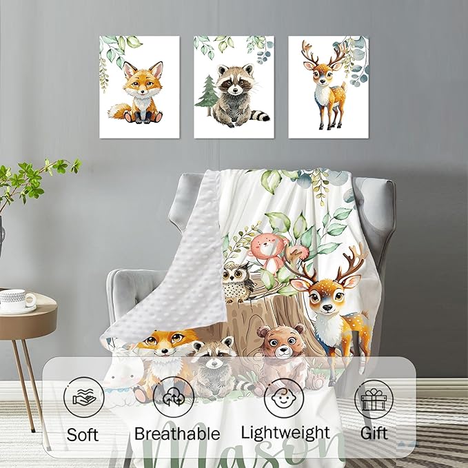 Custom Baby Crib Bedding Set,Personalized Name Animal Stump Pattern Nursery Bed Set 4 Piece,Baby Blanket Fitted Sheet Nursery Rug Wall Art Set,Custom Room Decor Idea Gift for Newborns Boys Girls