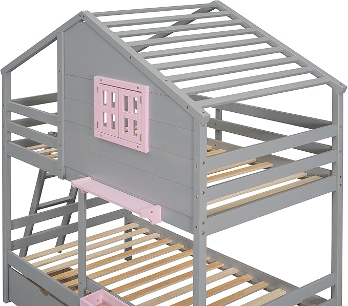 MERITLINE Twin Over Twin House Bunk Bed with Storage Drawers and Storage Box, Solid Wood Bunk Bed with Ladder,Shelf and Roof (Grey)