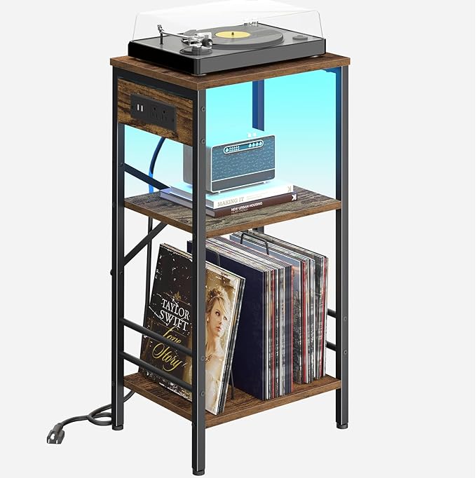 Record Player Stand with Charging Station, 3-Tier End Table with LED Light, Side Table Nightstand for Vinyl Storage,Tall Beside Tables Turntable Stand Living Room, Bedroom, Rustic Brown