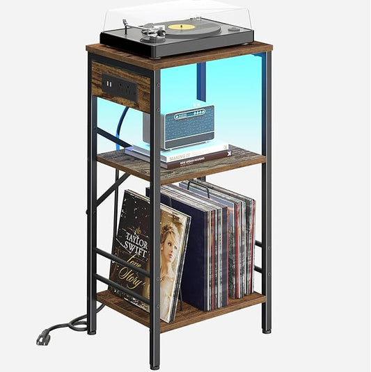Record Player Stand with Charging Station, 3-Tier End Table with LED Light, Side Table Nightstand for Vinyl Storage,Tall Beside Tables Turntable Stand Living Room, Bedroom, Rustic Brown