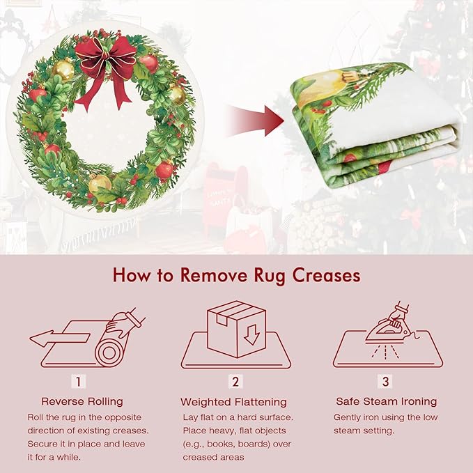 4' Machine Washable Christmas Round Area Rug, Non-Slip Vintage Floral Circle Floor Rugs for Kids, Low Pile Room Carpet for Living Room, Bedroom, Dining Room & Nursery(4' Christmas Wreath)