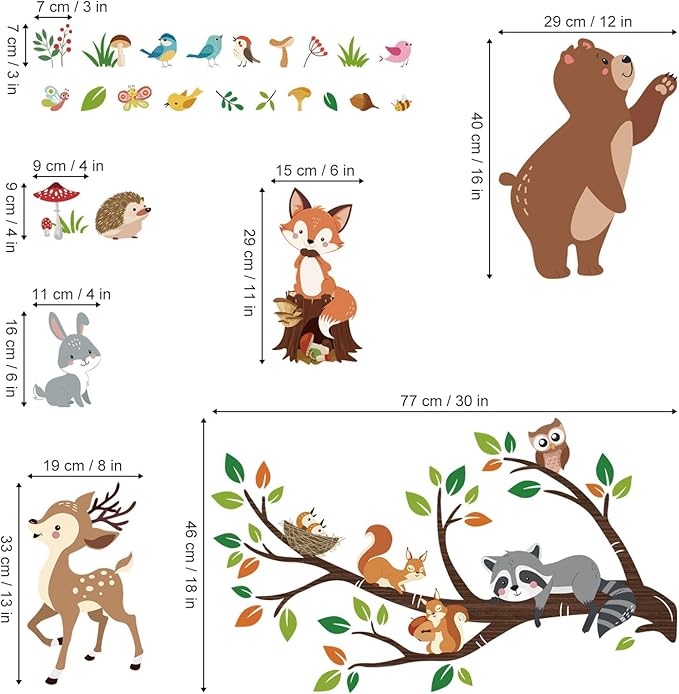 decalmile Woodland Animal Tree Branch Wall Decals Bear Fox Deer Forest Wall Stickers Kids Room Baby Nursery Bedroom Wall Decor