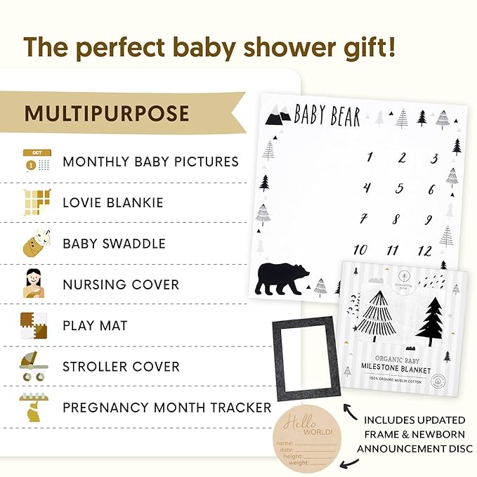 Pondering Pine Organic Baby Monthly Milestone Blanket Boy - Baby Bear Blanket with Month Marker Frame and Newborn Announcement Disc - 1-12 Months Milestones, Woodland, 47”x47”
