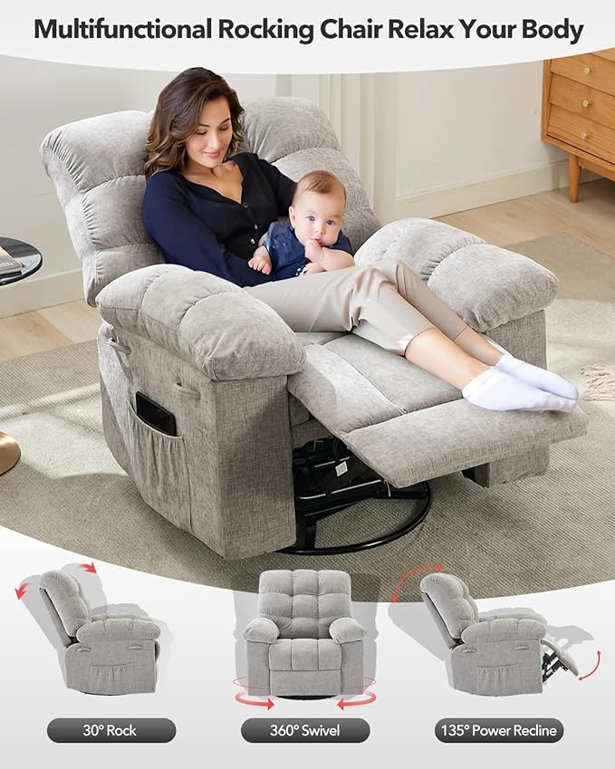 Swivel Recliner Chair, Upholstered Fabric Comfy Rocking Chair, Sturdy Q235 Steel Frame Nursery Glider, 300 LBS Capacity, for Small Spaces, Living Room, Bedroom, Light Grey