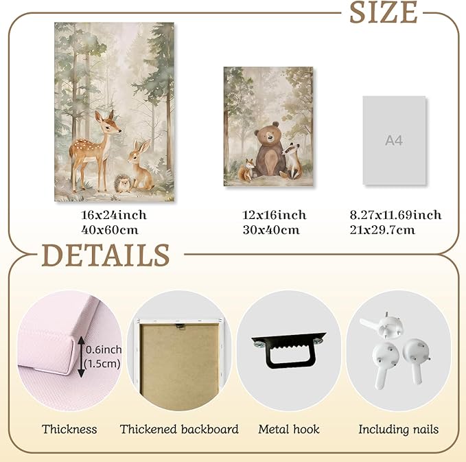 LLEEMPI Framed Woodland Nursery Wall Decor Set of 3, Cute Forest Animal Wall Art, Bear Fox Deer Watercolor Canvas Prints, Vintage Nature Poster Prints for Kids Bedroom Bathroom Playroom 12x16 Inch