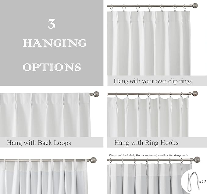 White Pinch Pleated Full Blackout Curtains Linen Texture Noise Reducing Window Treatment Panel 102 Inches Long for Living Room Bedroom Thermal Insulated Back Tab Drapes with Hooks, 1 Panel, 60"Wx102"L