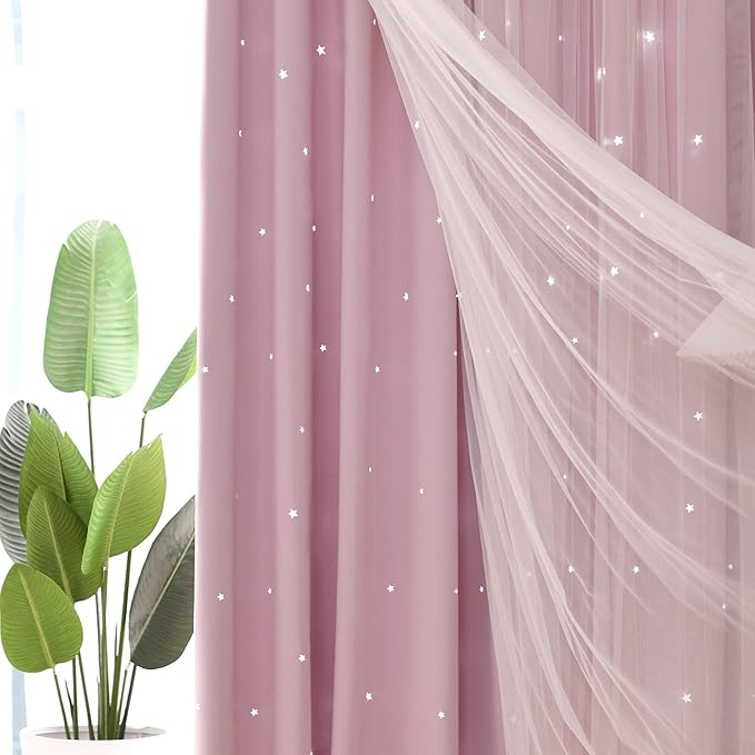 Kinryb Princess Curtains for Girls Bedroom with Sheer Overlay,Double Layer Curtain for Living Room with Star Cutout, Curtains for Kids Room (70 W*63 L Inches,2 Pcs Pink)