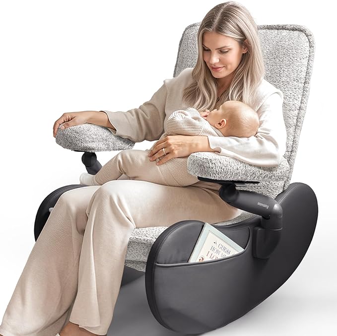 MAMAZING Nursery Rocking Chair Glider with Adjustable Armrests for Breastfeeding, Upholstered Nursing Chair with Removable Cover for Mom and Baby(Black/Grey)
