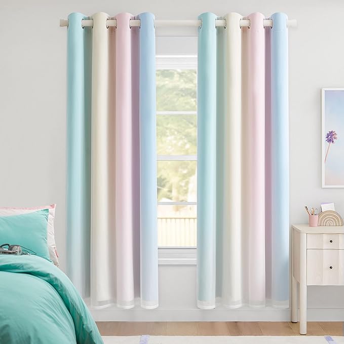 100% Blackout Curtains with Sheer Overlay Mix and Match Double Layer Drapes 72 Inch Length 2 Panels for Room Bedroom Room Ombre Rainbow Grommet Window Treatment with Tiebacks