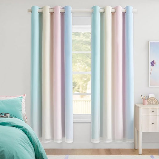 100% Blackout Curtains with Sheer Overlay Mix and Match Double Layer Drapes 72 Inch Length 2 Panels for Room Bedroom Room Ombre Rainbow Grommet Window Treatment with Tiebacks