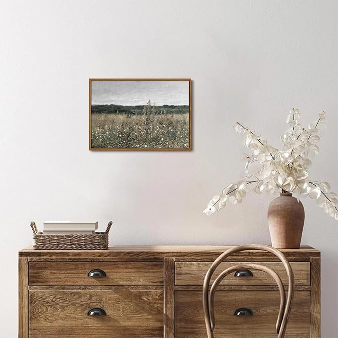 OIQArtOIQ Vintage Framed Wall Art Wildflower Field Meadow Canvas Art Prints Rustic Farmhouse Landscape Pictures Wall Decor Modern Cottagecore Paintings Artwork For Bedroom Bathroom Office Living Room