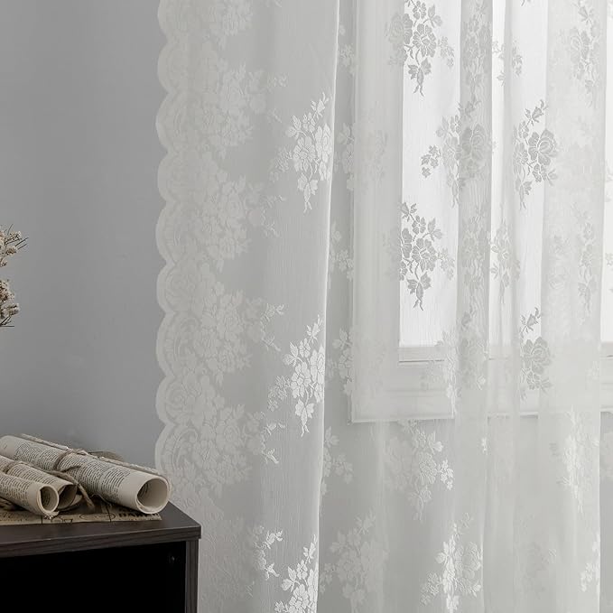Kotile Ivory Lace Curtains 92 Inch Length, W52 x L92 Inch, 2 Panels, Country Rustic Floral Sheer Lace Curtains for Bedroom, Rod Pocket Light Filtering Privacy Cottagecore Vintage Window Sheer Curtain