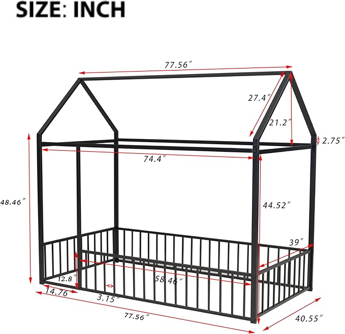 Bellemave Twin Size Montessori Floor Bed, Metal House Bed Framefor Kids, Montessori Floor Beds with Fence, Playhouse for Kids,Black