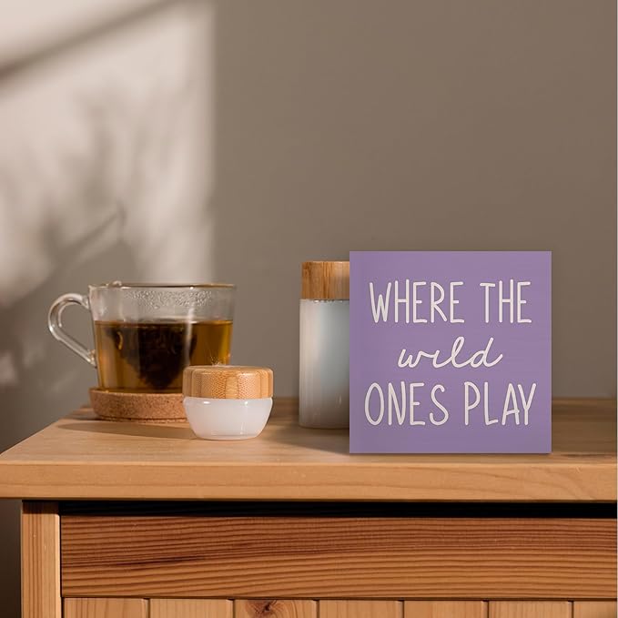 Where The Wild Ones Play Purple Wood Box Sign Desk Decor 5X5, Nursery Kids Room Wooden Block Sign Decorations for Playroom Toddler Boys Girls Room Wall Tabletop Shelf Decor