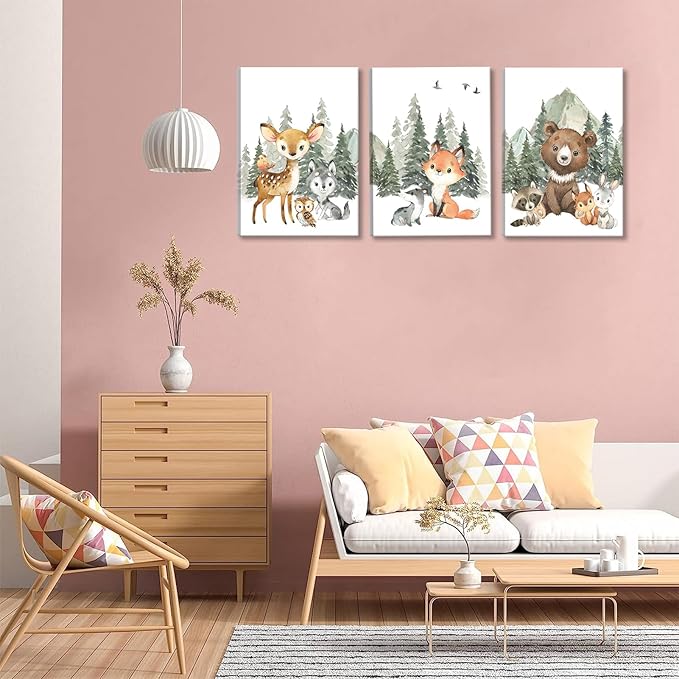 3Pcs Woodland Animal Nursery Canvas Wall Art Forest Adventure Theme Animals Picture Posters Wall Decor Cute Watercolor Deer Bear Fox Painting Print Artwork for Kids Baby Bedroom Decor 12x16in