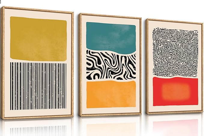 HLNIUC Large Mid Century Modern Wall Art Framed 24x36, Boho Abstract 3 Piece Canvas Decor, Mcm Vintage Bohemian Color Block Painting, Geometric Line Art Print for Living Room, Bedroom, Office