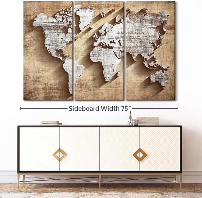 ElephantStock Dimensional World Map II Multi Piece Canvas - 3 Piece Canvas World Map Wall Decor - Wall Decor, Ready-to-Hang Print - Vintage Wall Art - 74" X 48"