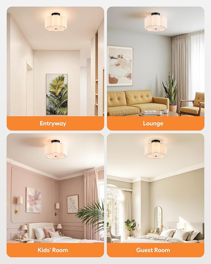 VONLUCE Semi-Flush Mount Ceiling Light, 12.6" Modern 3-Light Ceiling Light Fixture with White Petal-Shaped Shade 3 E26 Sockets for Bedroom Entryway Living Room, Black Finish, ETL Certificated