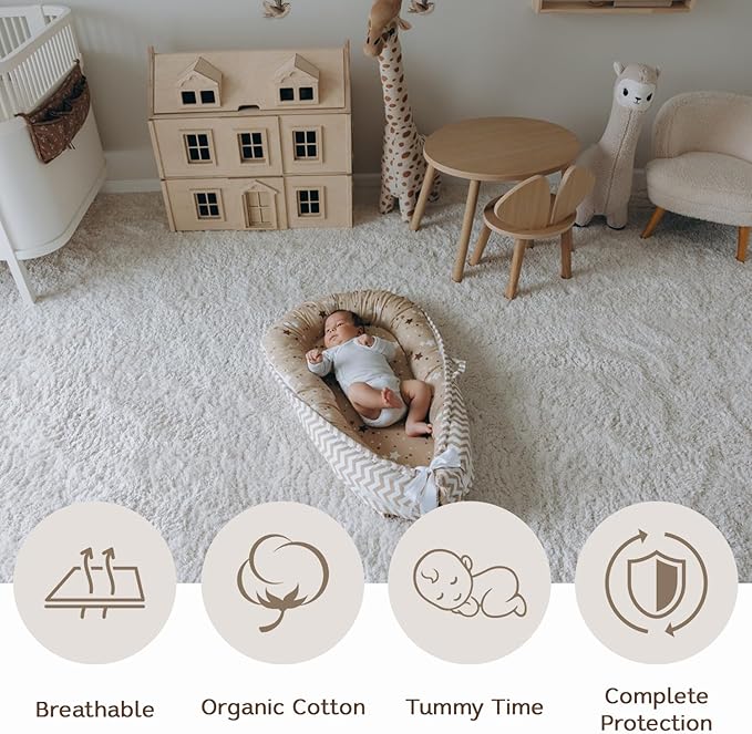 Baby Lounger | Organic Cotton Infant Lounger | Reversible, Adjustable & Portable Floor Lounger | Supervised Use | Soft, Breathable, Washable Cover- Star Collection (Tan)