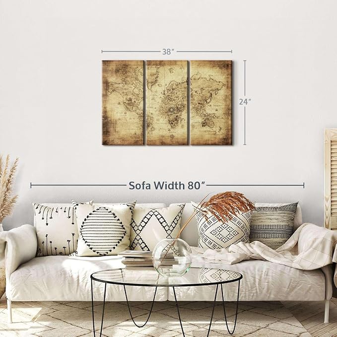 ElephantStock Ancient World Map Wall Art Multi Piece Canvas - 3 Piece Canvas World Map Wall Decor - Wall Decor - Ready-to-Hang Print - Vintage Wall Art - 38" X 24"