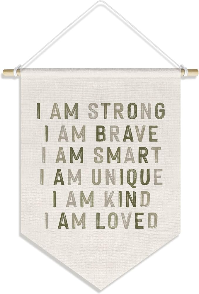 Kids Room Nursery Classroom Decor, Motivational Positive Affirmations Wall Decor for Kid Baby Boy Girl Bedroom Playroom, I Am Kind Hanging Canvas Banner, 15x11in
