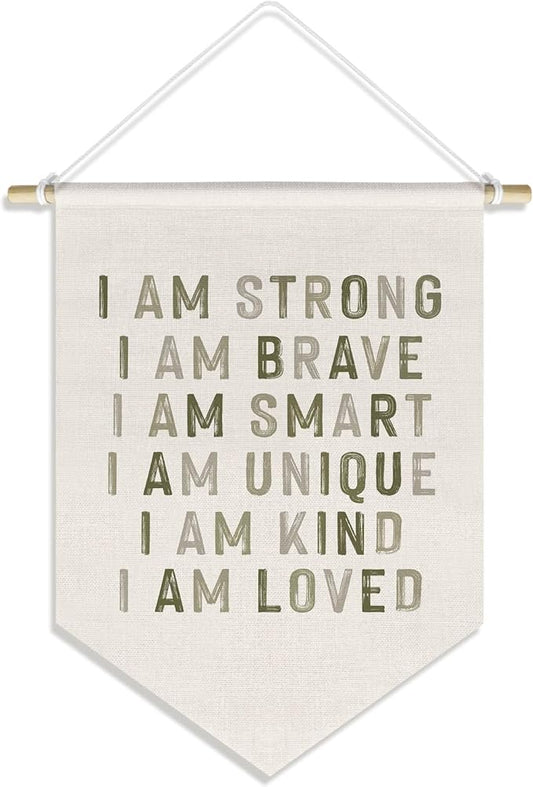 Kids Room Nursery Classroom Decor, Motivational Positive Affirmations Wall Decor for Kid Baby Boy Girl Bedroom Playroom, I Am Kind Hanging Canvas Banner, 15x11in