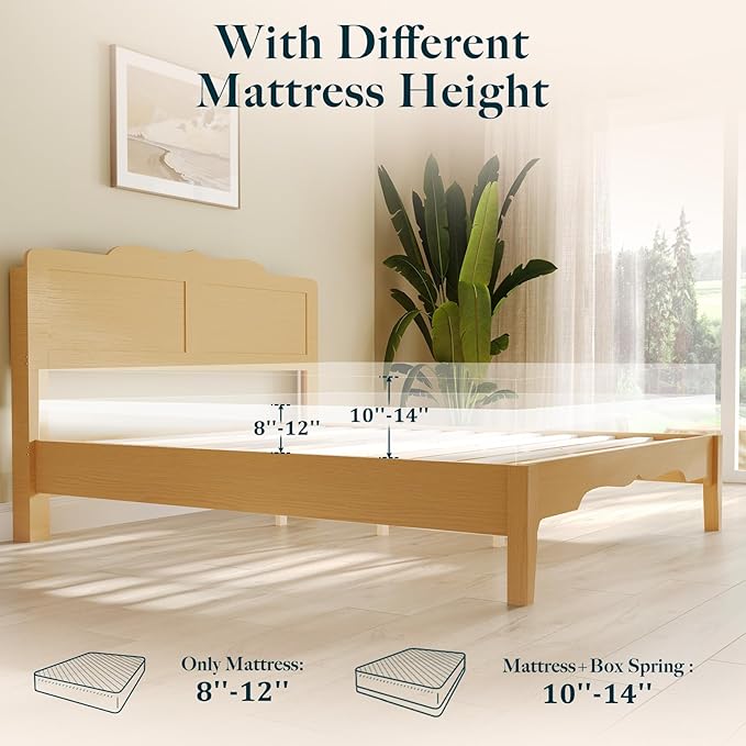 Queen Bed Frame with Headboard, Wooden Platform Bed with Wood Slats Support, Modern Bed Frame with Storage&Charging Station, No Box Spring Needed, Easy Assembly, Noise Free, Natural