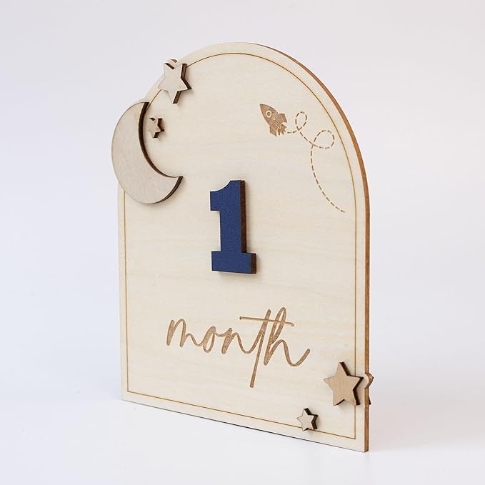 Wooden 3D Baby Monthly Milestone Cards Monthly Milestone Discs Newborn Photography Props Baby Announcement Sign Baby (Moon)