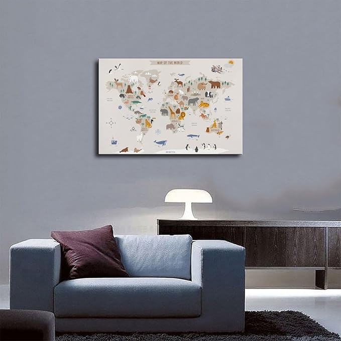 KIPNG Kids World Map - Playroom Animal World Map - Nursery Educational Poster Canvas Poster Wall Art Picture Paintings for Living Room Bedroom Decoration Frame-style16x24inch(40x60cm)