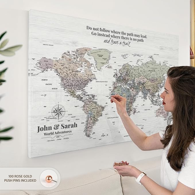 ElephantStock - Personalized Leave A Trail Iii Push Pin World Map Wall Art - Horizontal Canvas Wall Art - Living Room Wall Decor - Digital Art Map Canvas Art - White And Gray Decor - 45" x 30"