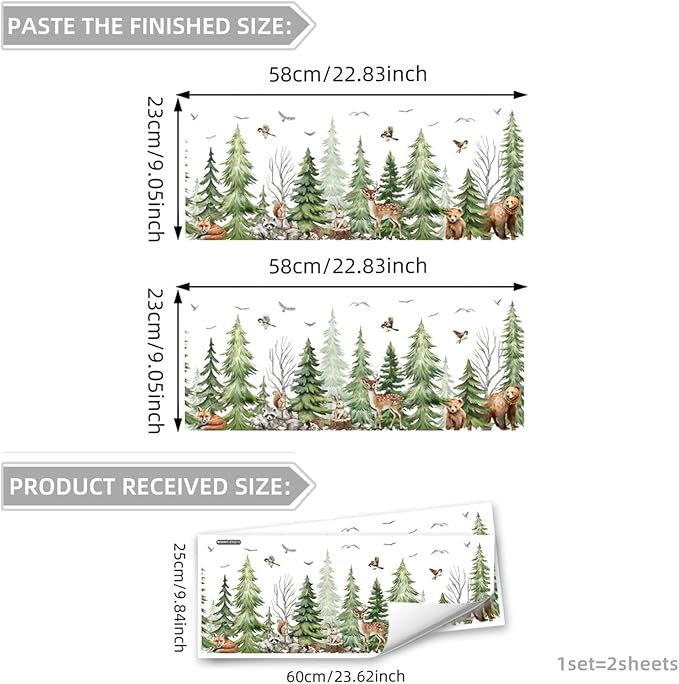 Watercolor Pine Tree Animals Wall Stickers Woodland Forest Tree Fox Deer Bear Wall Decals Baby Nursery Bedroom Living Room Staircase Wall Decor