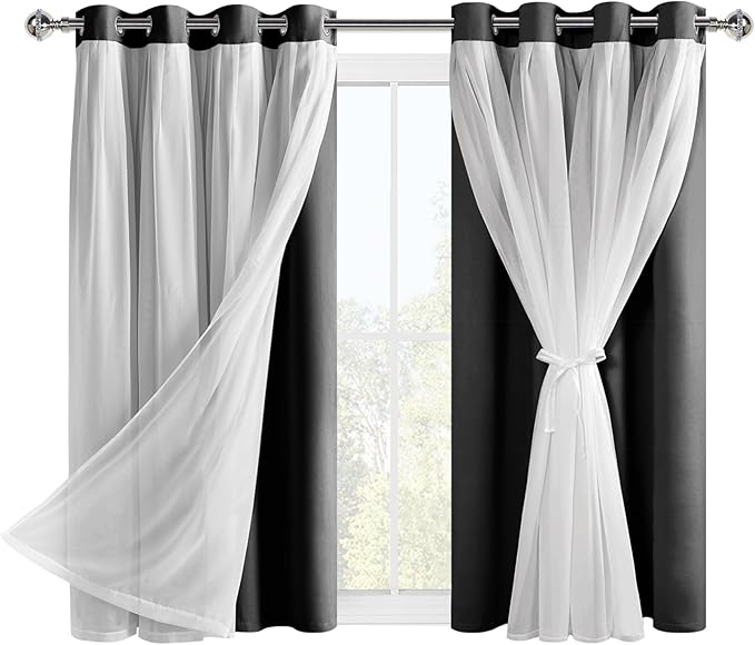 Hiasan Black Blackout Curtains with Sheer Overlay, Grommet Thermal Insulated Privacy Mix and Match Double Layer Window Curtains for Girls Bedroom, Living Room, 2 Drape Panels with Tiebacks, 52W X 54L