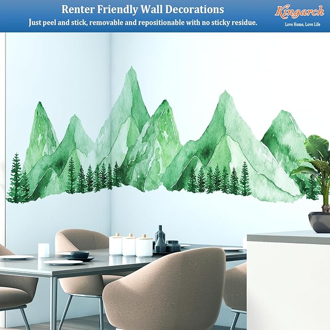 Large Mountain Wall Decals, Teal Green Pine Tree Peel and Stick Vinyl Wall Stickers & Murals, Removable Home Room Wall Decor for Bedroom Living Room Bedroom Classroom Office Nursery